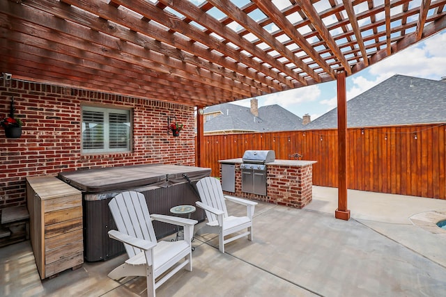 6817 Baccus Dr, Amarillo, TX 79124 - fenced backyard with a hot tub, a patio area, and a pergola