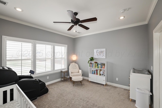 6817 Baccus Dr, Amarillo, TX 79124 - carpeted bedroom with baseboards, ornamental molding, recessed lighting, and a ceiling fan