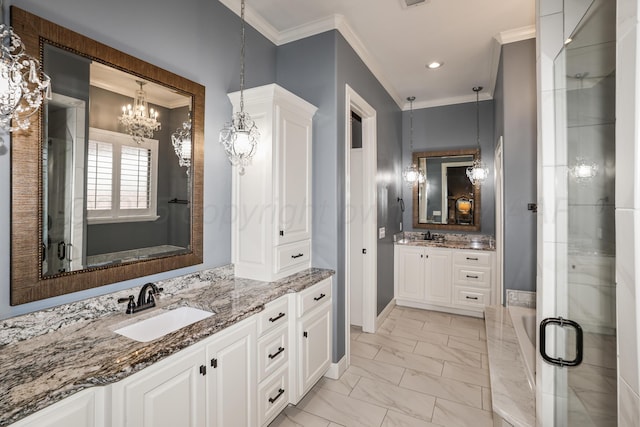 6817 Baccus Dr, Amarillo, TX 79124 - bathroom with crown molding, marble look tile flooring, a stall shower, two vanities, and a chandelier