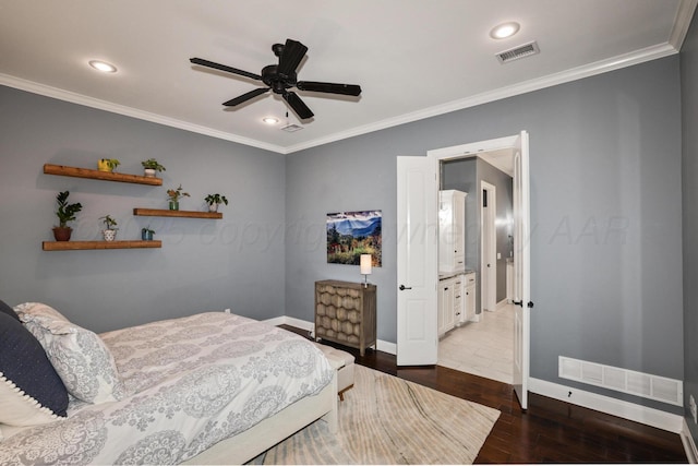 6817 Baccus Dr, Amarillo, TX 79124 - bedroom featuring baseboards, wood-type flooring, ornamental molding, recessed lighting, and ceiling fan