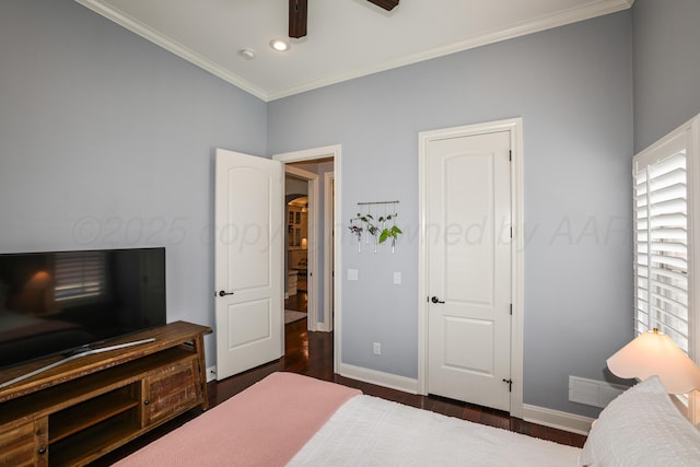 6817 Baccus Dr, Amarillo, TX 79124 - bedroom with ornamental molding, baseboards, dark wood finished floors, recessed lighting, and ceiling fan