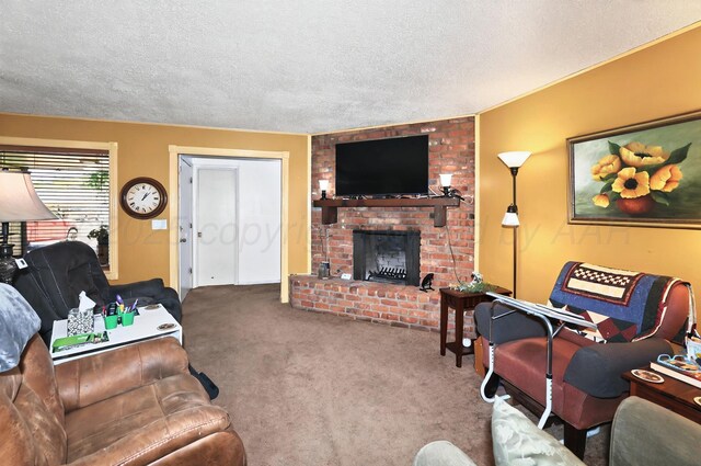 6005 Gainsborough Rd, Amarillo, TX 79106 - living room with a textured ceiling, carpet floors, and a fireplace