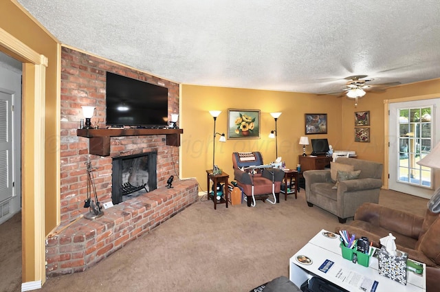 6005 Gainsborough Rd, Amarillo, TX 79106 - carpeted living area featuring a textured ceiling, a fireplace, and a ceiling fan