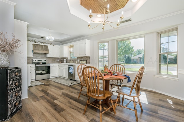 dining space with dark wood-type flooring, plenty of natural light, and a raised ceiling