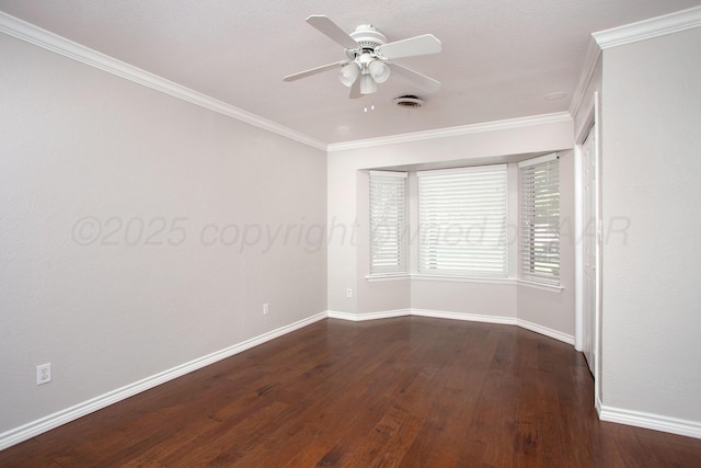 3925 Gatewood St, Amarillo, TX 79109 - unfurnished room with crown molding, a ceiling fan, baseboards, wood finished floors, and visible vents