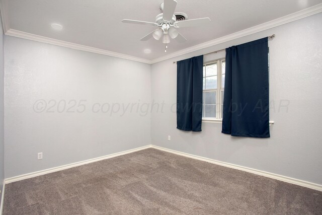 3925 Gatewood St, Amarillo, TX 79109 - spare room featuring carpet floors, ceiling fan, ornamental molding, and baseboards