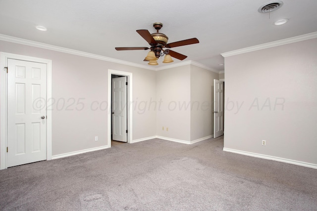 3925 Gatewood St, Amarillo, TX 79109 - carpeted spare room featuring baseboards, ceiling fan, ornamental molding, and visible vents