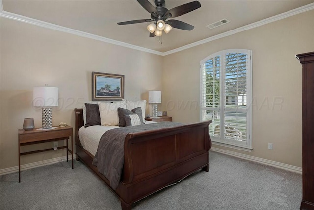 7908 London Ct, Amarillo, TX 79119 - bedroom featuring baseboards, ornamental molding, ceiling fan, visible vents, and light colored carpet