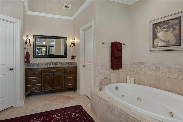 7908 London Ct, Amarillo, TX 79119 - full bathroom with vanity, visible vents, tile patterned floors, crown molding, and a jetted tub