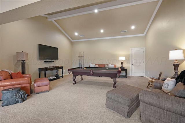 7908 London Ct, Amarillo, TX 79119 - rec room with carpet flooring, lofted ceiling with beams, visible vents, baseboards, and pool table