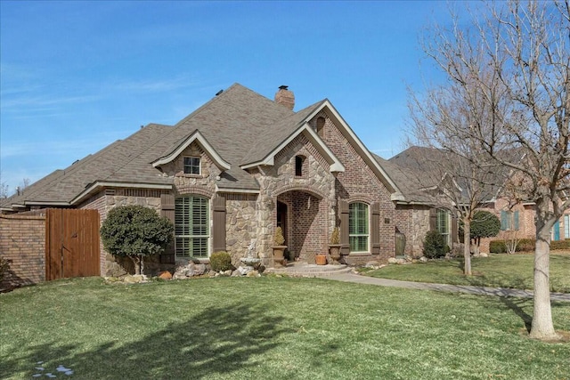7908 London Ct, Amarillo, TX 79119 - french country home featuring stone siding, a chimney, a front yard, brick siding, and roof with shingles
