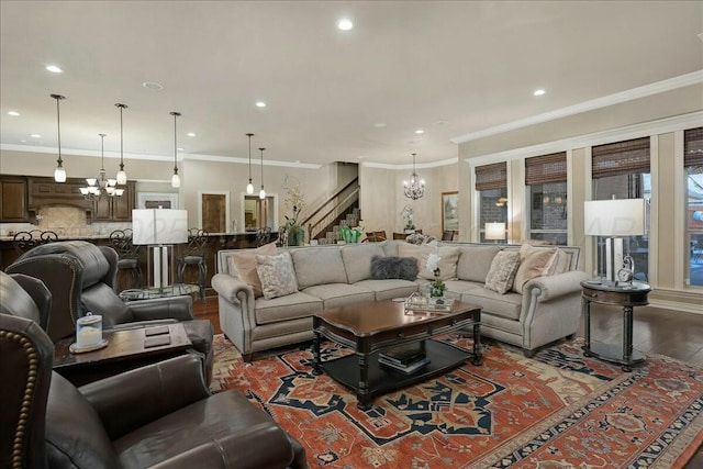 7908 London Ct, Amarillo, TX 79119 - living room featuring dark wood finished floors, a chandelier, stairway, and recessed lighting