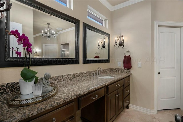7908 London Ct, Amarillo, TX 79119 - bathroom with baseboards, tile patterned floors, vanity, crown molding, and a chandelier
