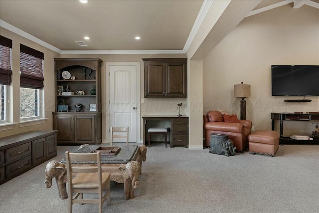 7908 London Ct, Amarillo, TX 79119 - interior space featuring ornamental molding, carpet flooring, visible vents, and recessed lighting