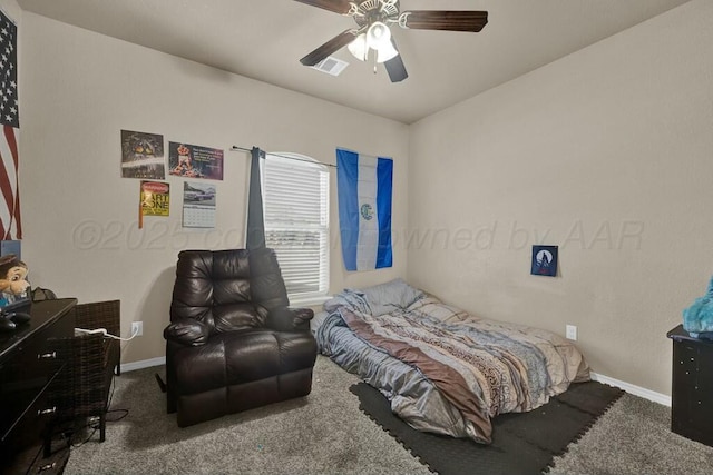 bedroom with a ceiling fan, baseboards, visible vents, and carpet flooring