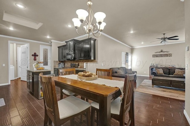 dining room with dark wood-style floors, recessed lighting, baseboards, and ceiling fan with notable chandelier