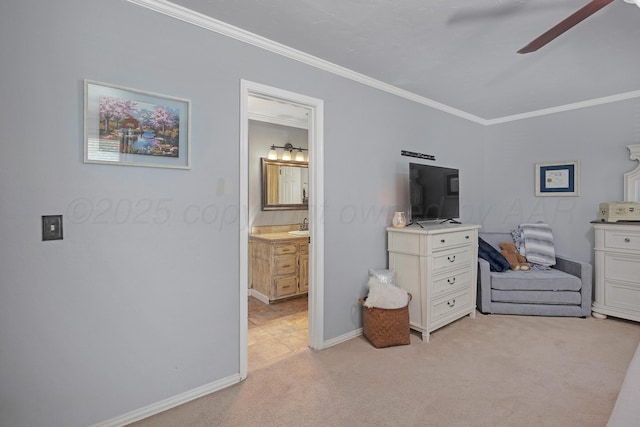 6410 Hamstead Dr, Amarillo, TX 79109 - bedroom featuring crown molding, light carpet, connected bathroom, and ceiling fan