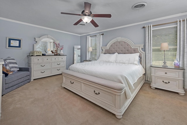 6410 Hamstead Dr, Amarillo, TX 79109 - bedroom featuring light colored carpet, crown molding, and ceiling fan