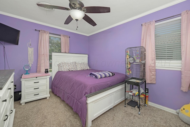 6410 Hamstead Dr, Amarillo, TX 79109 - bedroom featuring light colored carpet, crown molding, and a ceiling fan