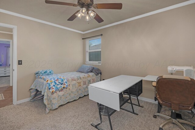 6410 Hamstead Dr, Amarillo, TX 79109 - carpeted bedroom with ornamental molding, a desk, and ceiling fan