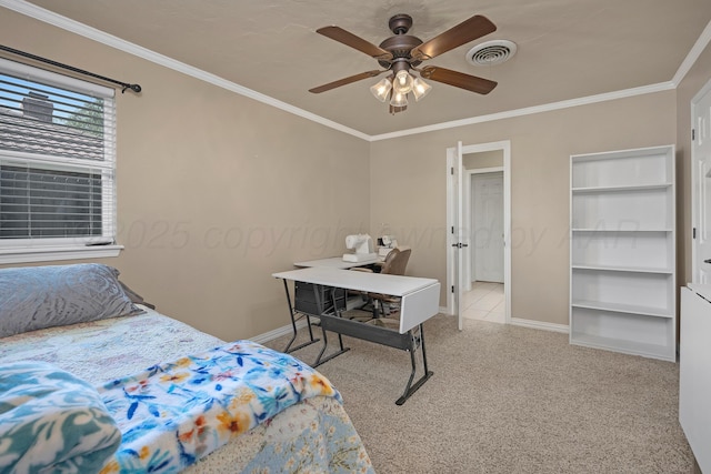 6410 Hamstead Dr, Amarillo, TX 79109 - bedroom featuring carpet floors, ornamental molding, and ceiling fan