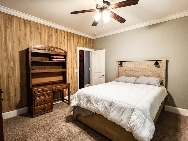7507 Continental Pkwy, Amarillo, TX 79119 - carpeted bedroom with wooden walls, crown molding, and ceiling fan