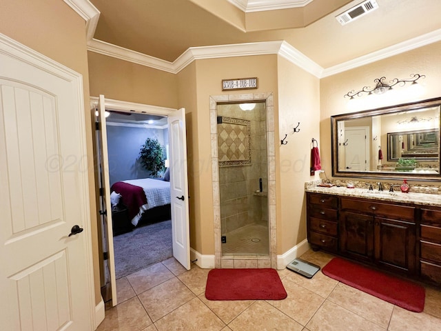7507 Continental Pkwy, Amarillo, TX 79119 - bathroom with vanity, a shower stall, ensuite bathroom, tile patterned flooring, and ornamental molding