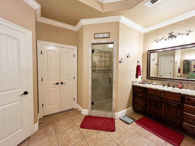 7507 Continental Pkwy, Amarillo, TX 79119 - full bath featuring a stall shower, vanity, tile patterned flooring, and crown molding