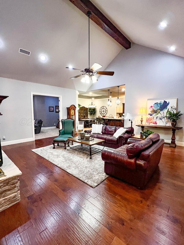7507 Continental Pkwy, Amarillo, TX 79119 - living area featuring ceiling fan, beamed ceiling, hardwood / wood-style flooring, recessed lighting, and high vaulted ceiling