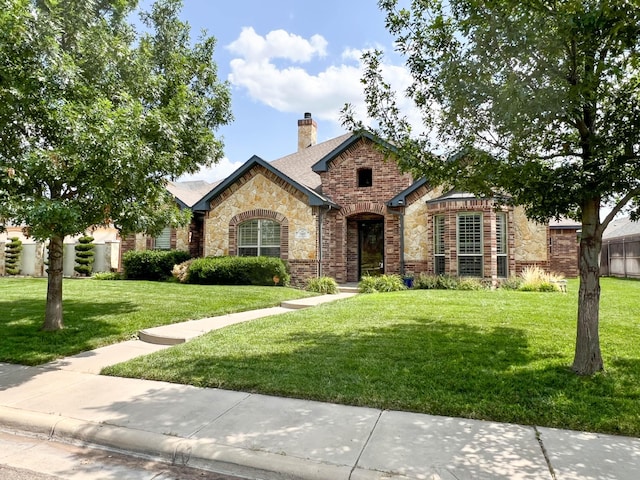7507 Continental Pkwy, Amarillo, TX 79119 - french country style house with stone siding, a front yard, a chimney, a shingled roof, and brick siding