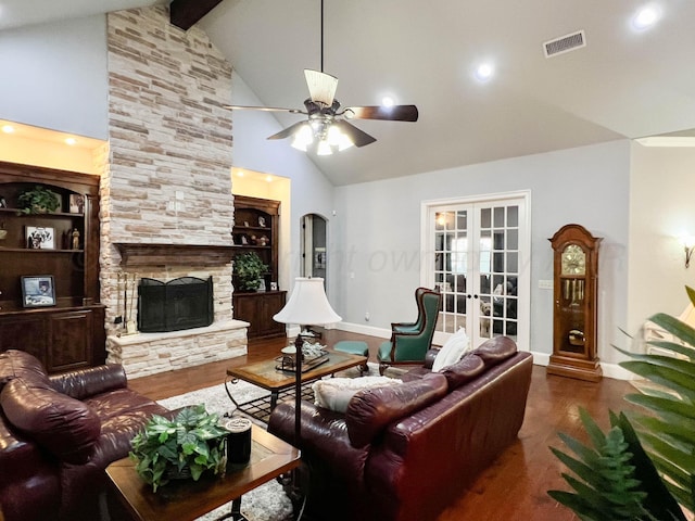 7507 Continental Pkwy, Amarillo, TX 79119 - living room with wood finished floors, french doors, high vaulted ceiling, ceiling fan, and a fireplace
