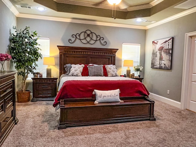 7507 Continental Pkwy, Amarillo, TX 79119 - bedroom with carpet flooring, ornamental molding, a tray ceiling, a ceiling fan, and recessed lighting