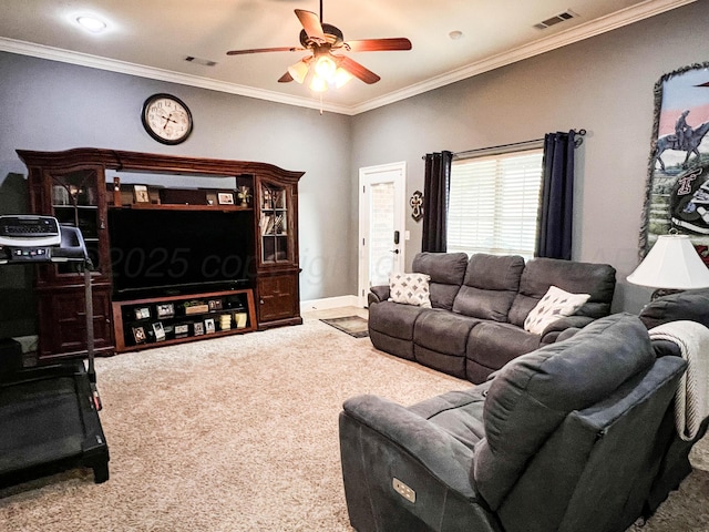 7507 Continental Pkwy, Amarillo, TX 79119 - living room featuring ceiling fan, carpet floors, and crown molding