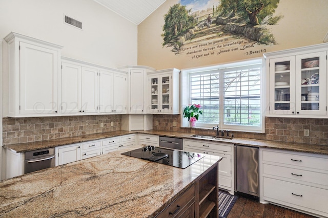 kitchen featuring black electric cooktop, white cabinetry, sink, and dark hardwood / wood-style floors