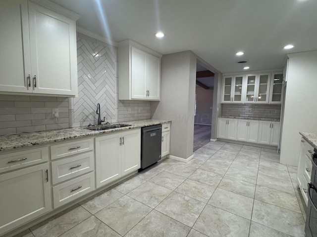 3717 Farwell Dr, Amarillo, TX 79109 - kitchen featuring a sink, dishwasher, backsplash, white cabinetry, and glass insert cabinets