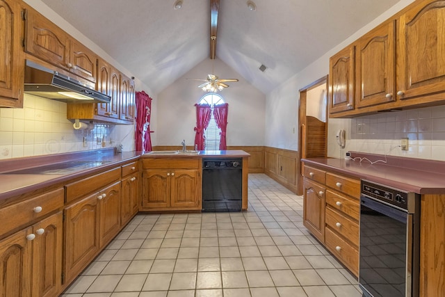 kitchen featuring black dishwasher, tasteful backsplash, cooktop, and ceiling fan