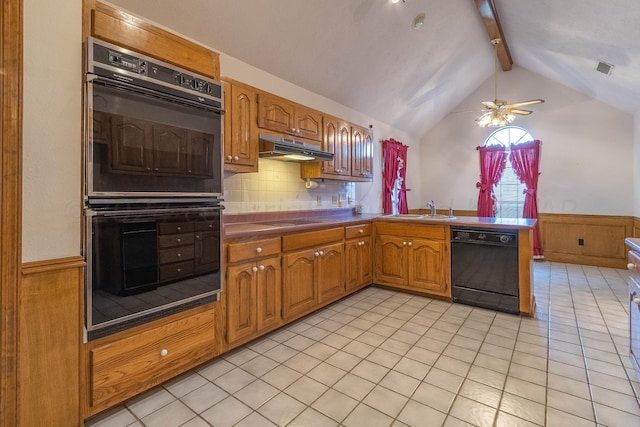 kitchen featuring kitchen peninsula, decorative backsplash, black appliances, ceiling fan, and lofted ceiling with beams