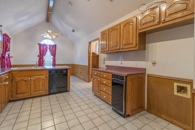 kitchen with sink, lofted ceiling with beams, ceiling fan, decorative backsplash, and black dishwasher