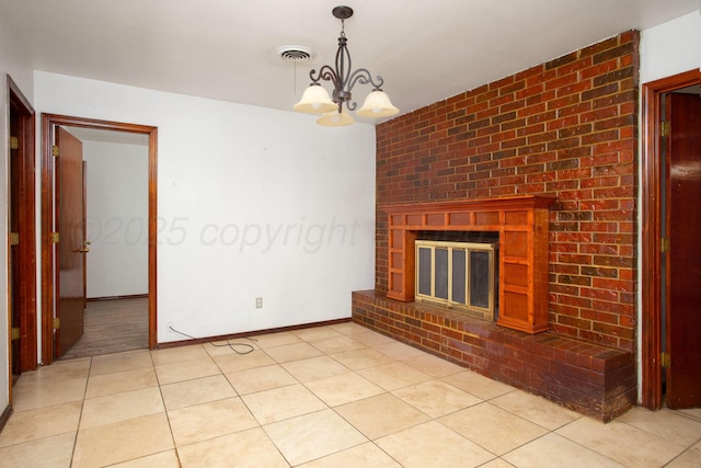 3115 Palm St, Amarillo, TX 79107 - unfurnished living room featuring a chandelier, a fireplace, light tile patterned floors, and baseboards