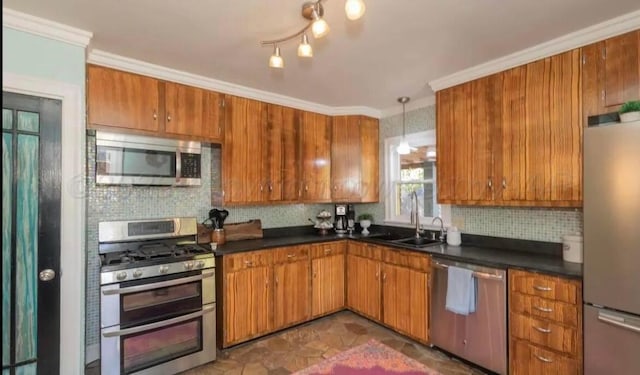 2404 S Harrison St, Amarillo, TX 79109 - kitchen featuring appliances with stainless steel finishes, a sink, brown cabinetry, dark countertops, and backsplash