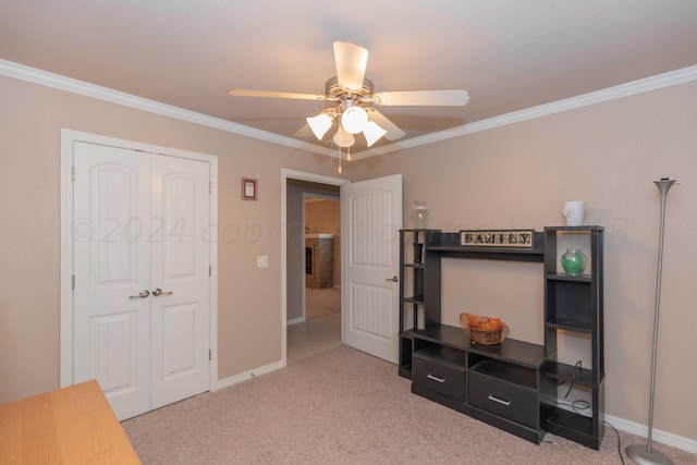 6701 Mosley St, Amarillo, TX 79119 - unfurnished bedroom featuring carpet floors, ornamental molding, a closet, baseboards, and ceiling fan