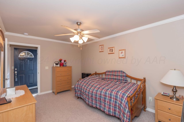 6701 Mosley St, Amarillo, TX 79119 - bedroom featuring ornamental molding, light colored carpet, baseboards, and ceiling fan