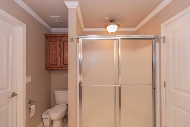 6701 Mosley St, Amarillo, TX 79119 - bathroom featuring toilet, a shower stall, and crown molding