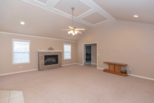 6701 Mosley St, Amarillo, TX 79119 - unfurnished living room with a ceiling fan, lofted ceiling, carpet floors, baseboards, and recessed lighting