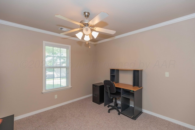 6701 Mosley St, Amarillo, TX 79119 - office area with crown molding, light colored carpet, baseboards, and a ceiling fan