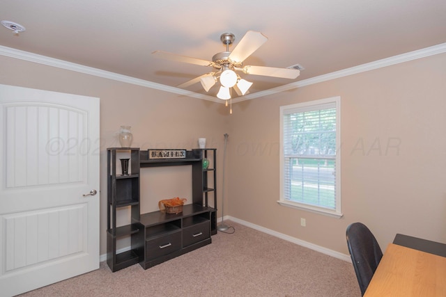 6701 Mosley St, Amarillo, TX 79119 - office featuring ornamental molding, ceiling fan, light carpet, and baseboards