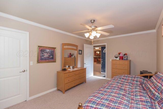 6701 Mosley St, Amarillo, TX 79119 - bedroom featuring light colored carpet, ornamental molding, baseboards, and ceiling fan