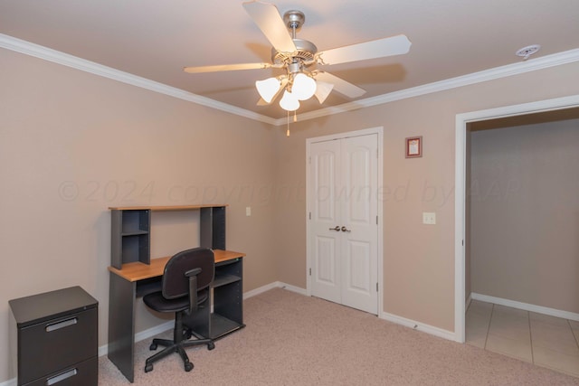 6701 Mosley St, Amarillo, TX 79119 - office featuring ornamental molding, ceiling fan, baseboards, and light carpet