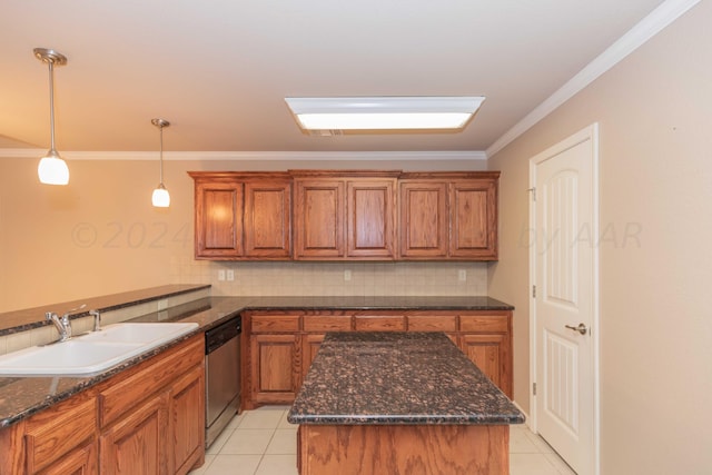 6701 Mosley St, Amarillo, TX 79119 - kitchen featuring a sink, stainless steel dishwasher, brown cabinetry, ornamental molding, and light tile patterned floors