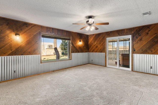 unfurnished room featuring a healthy amount of sunlight, a textured ceiling, and wooden walls